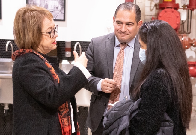 Senator Maria Elena Durazo, LAWCN Policy Director Ernesto Hidalgo and Maria Vasquez from the Restaurant Opportunities Center of Los Angeles