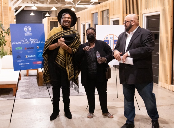 Ron Collins and LaTonya Harris (LA Black Worker Center) with LAWCN Executive Director Armando Gudino